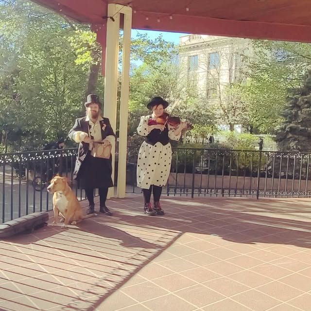 Moobox playing music box and violin together on a sunny porch.